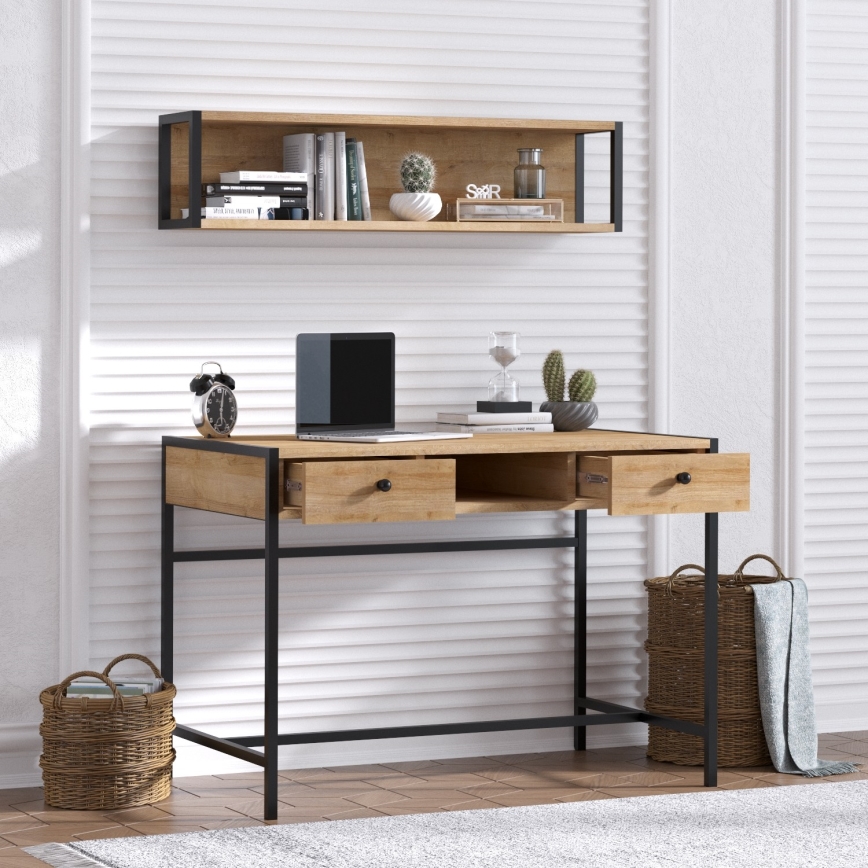 Work table PENA 72x100 cm + wall shelf 24x100 cm brown/black