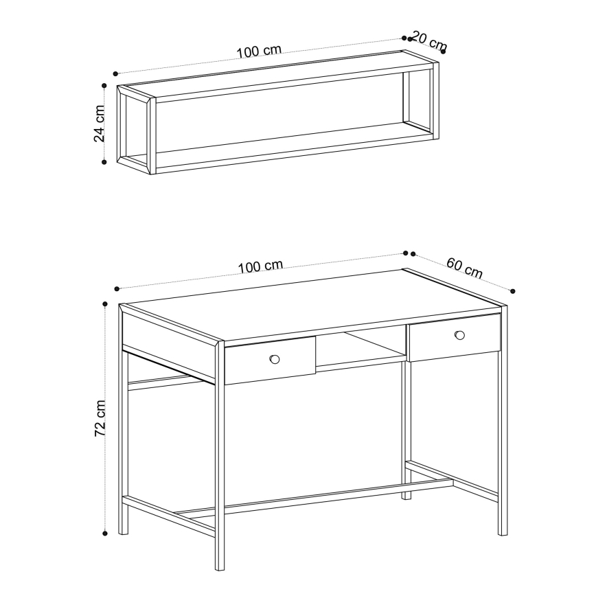 Work table PENA 72x100 cm + wall shelf 24x100 cm brown/black