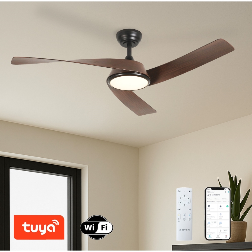 ZEVENTI - AERYS LED Dimmable Ceiling Fan LED/24W/230V 3000/4000/6000K Tuya Wi-Fi Black/Walnut + Remote Control