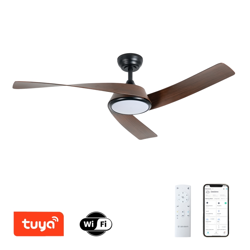 ZEVENTI - AERYS LED Dimmable Ceiling Fan LED/24W/230V 3000/4000/6000K Wi‑Fi Tuya Black/Walnut + Remote Control