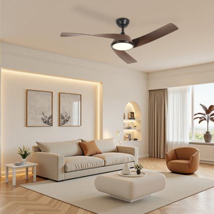 ZEVENTI - AERYS LED Dimmable Ceiling Fan LED/24W/230V 3000/4000/6000K Wi‑Fi Tuya Black/Walnut + Remote Control