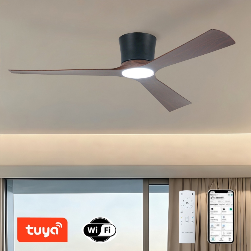 ZEVENTI - AUREX LED Dimmable Ceiling Fan LED/24W/230V 3000/4000/6000K Tuya Wi-Fi Black/Walnut + Remote Control