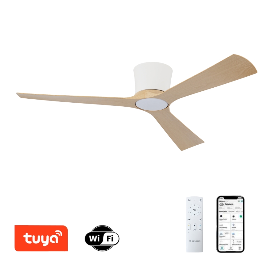 ZEVENTI - AUREX Dimmable LED Ceiling Fan LED/24W/230V 3000/4000/6000K Tuya Wi-Fi White/Oak + Remote Control