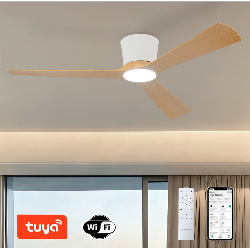 ZEVENTI - AUREX Dimmable LED Ceiling Fan LED/24W/230V 3000/4000/6000K Tuya Wi-Fi White/Oak + Remote Control
