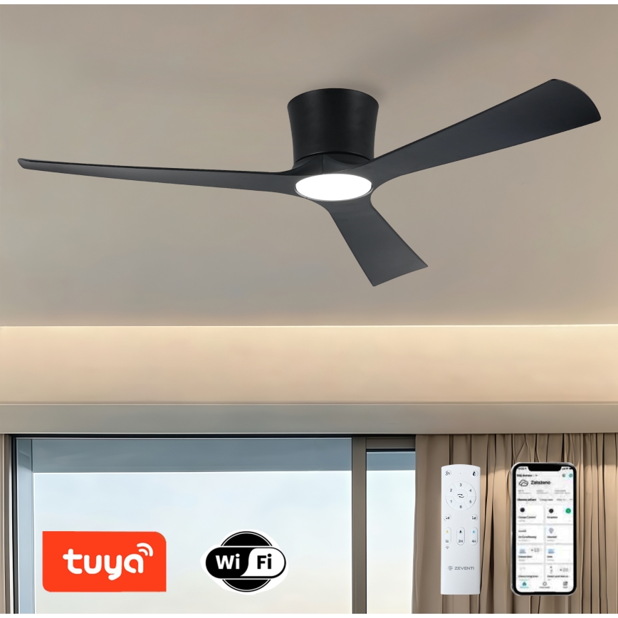 ZEVENTI - AUREX Dimmable LED Ceiling Fan, 24W/230V, 3000/4000/6000K, Tuya Wi‑Fi, Black + Remote Control