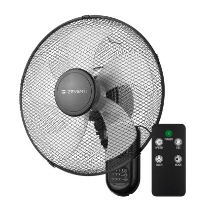 ZEVENTI - FANNY Wall-Mounted Fan 45W/230V, 41 cm Diameter, Black + Remote Control