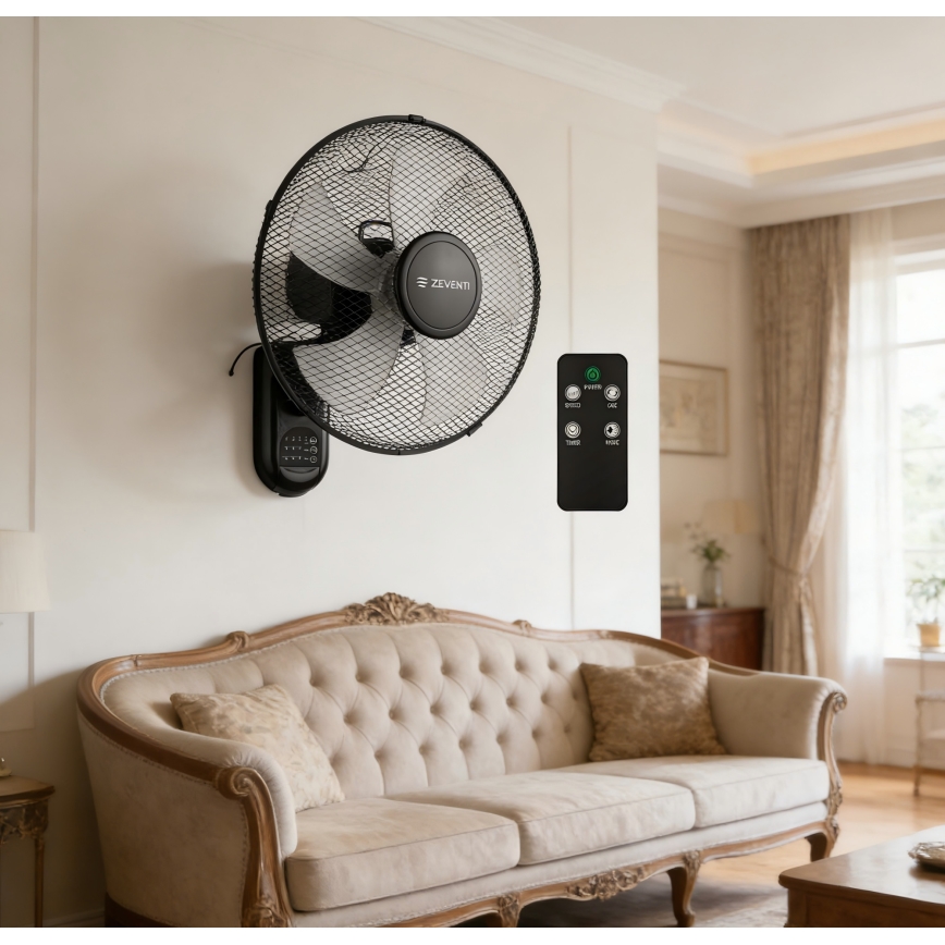 ZEVENTI - FANNY Wall-Mounted Fan 45W/230V, 41 cm Diameter, Black + Remote Control