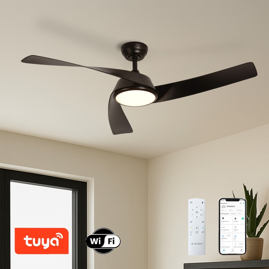 ZEVENTI - AERYS LED Dimmable Ceiling Fan LED/24W/230V, 3000/4000/6000K, Tuya Wi‑Fi, Black + Remote Control