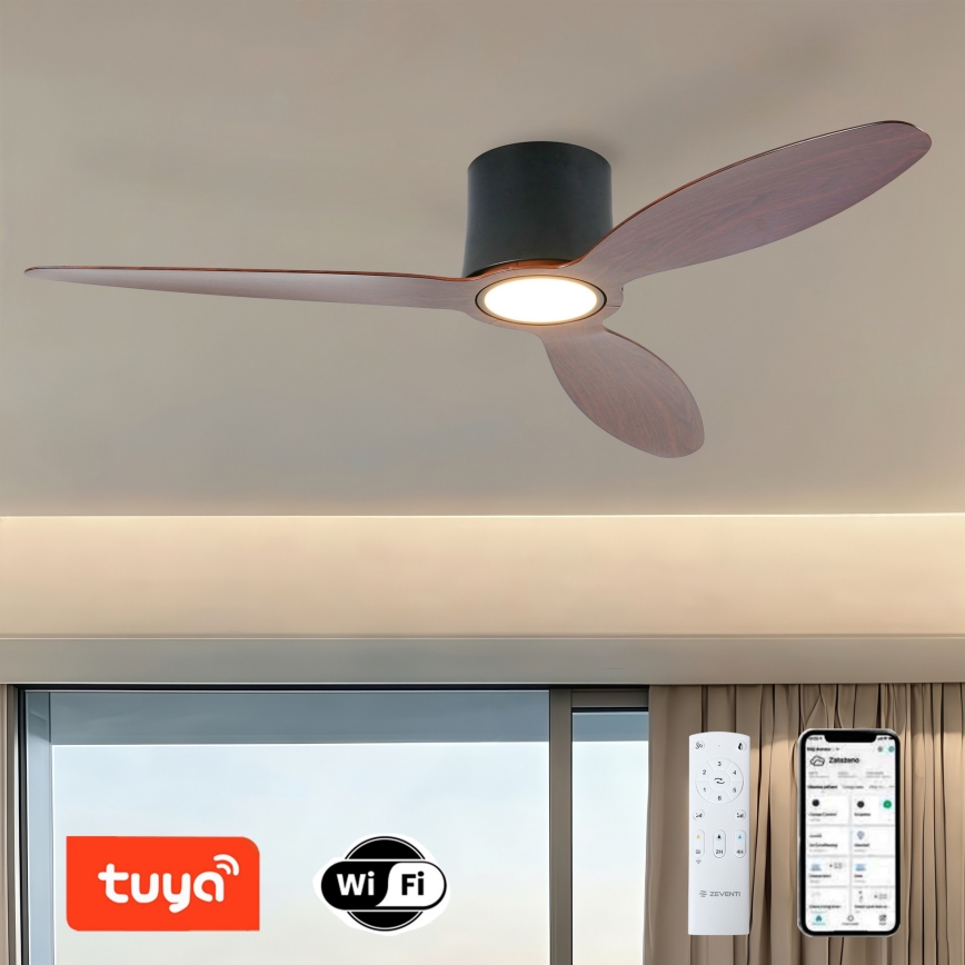 ZEVENTI - Dimmable LED Ceiling Fan VENTORA LED/24W/230V 3000/4000/6000K Tuya Wi‑Fi Black/Walnut + Remote Control