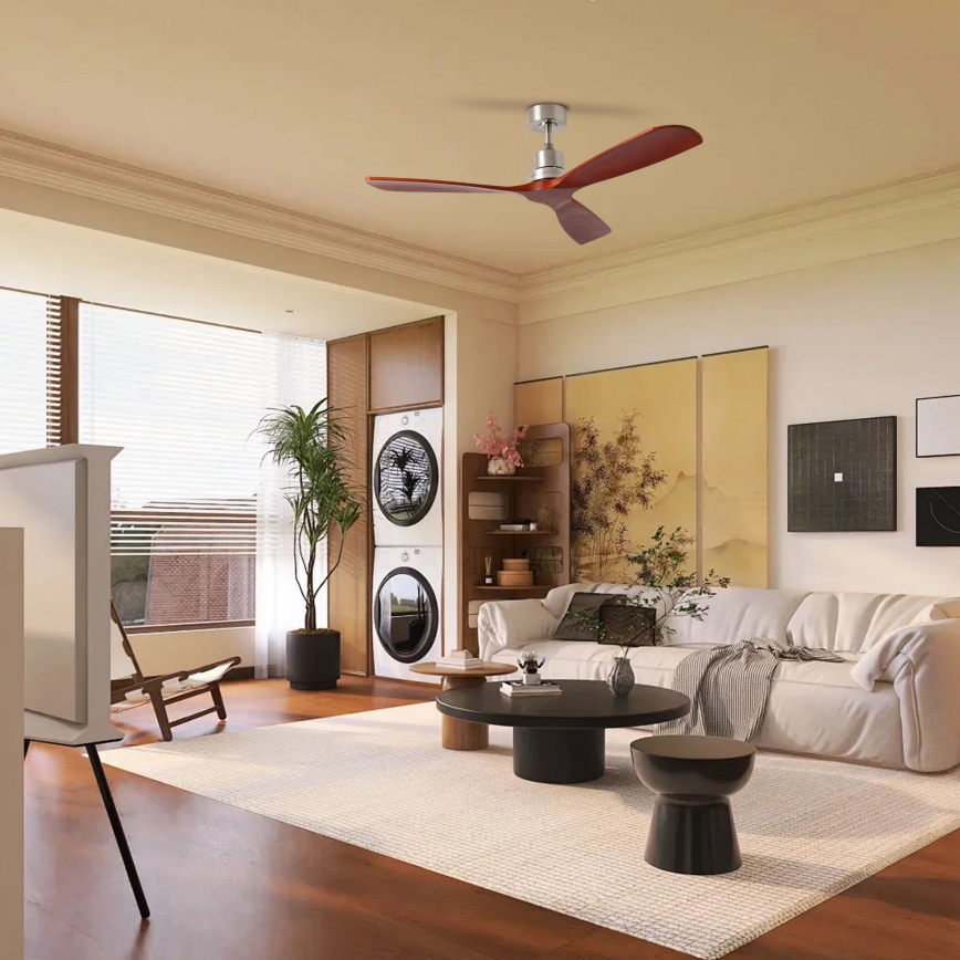 ZEVENTI - LIONI Ceiling Fan with Tuya Wi-Fi, Matte Chrome/Oak + Remote Control