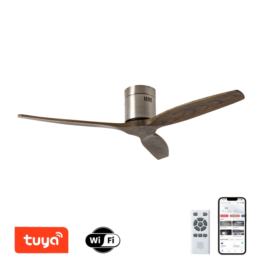 ZEVENTI - SPELLO Tuya Wi-Fi Ceiling Fan, Matte Chrome/Oak + Remote Control