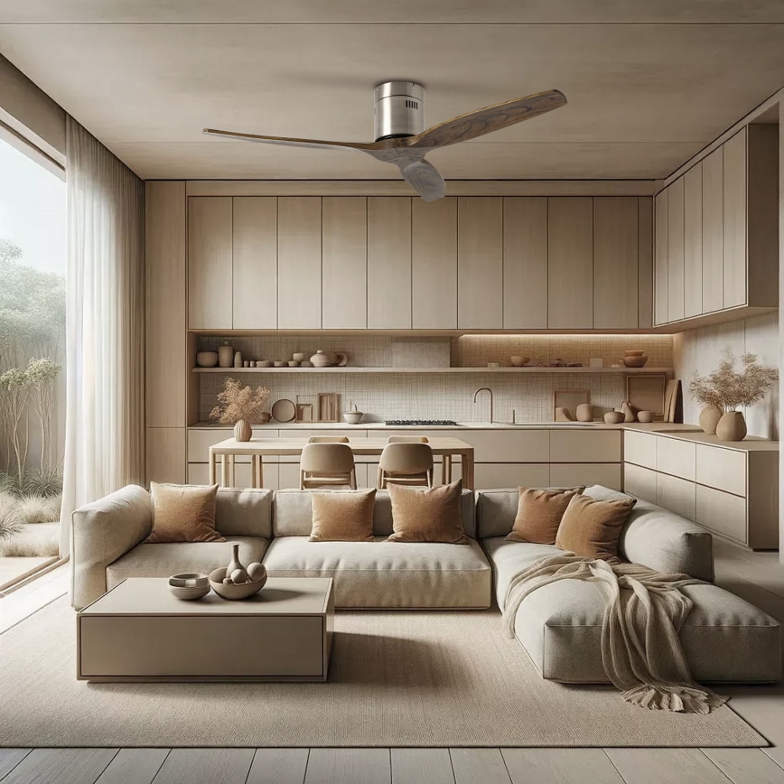 ZEVENTI - SPELLO Tuya Wi-Fi Ceiling Fan, Matte Chrome/Oak + Remote Control