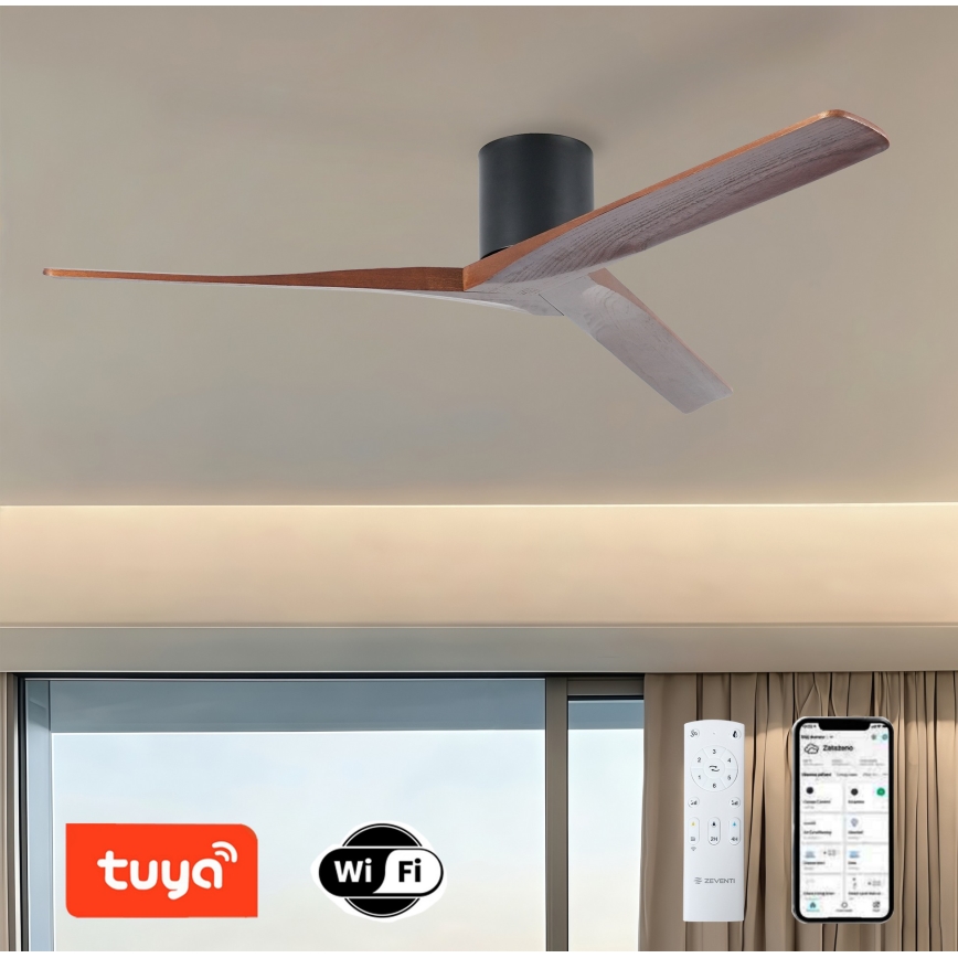 ZEVENTI - VELLON Ceiling Fan with Tuya Wi‑Fi, Black/Walnut + Remote Control